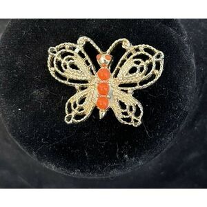 Gold And Coral Butterfly Brooch Pin Gold Orange Eyes and Body Openwork